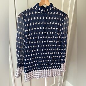 Vintage Leslie J Long-Sleeve navy Sheer Mock Neck Blouse with white embroidery